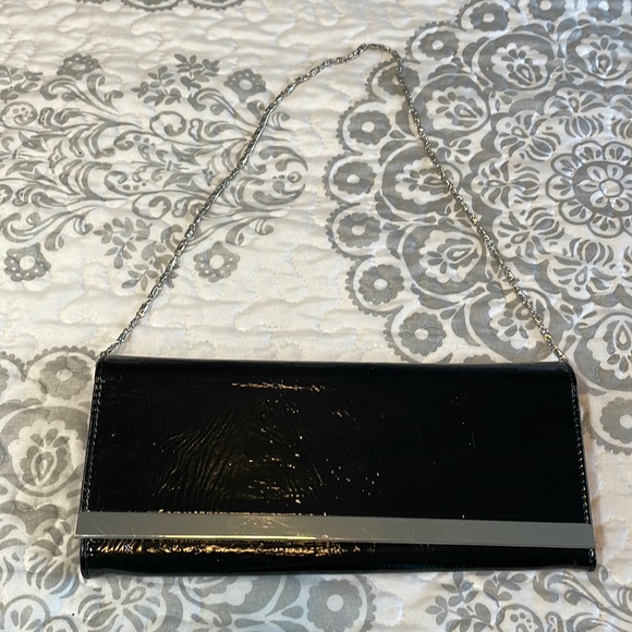 Vegan clutch black patent, like chrome, trim, pink satin interior - Picture 2 of 14